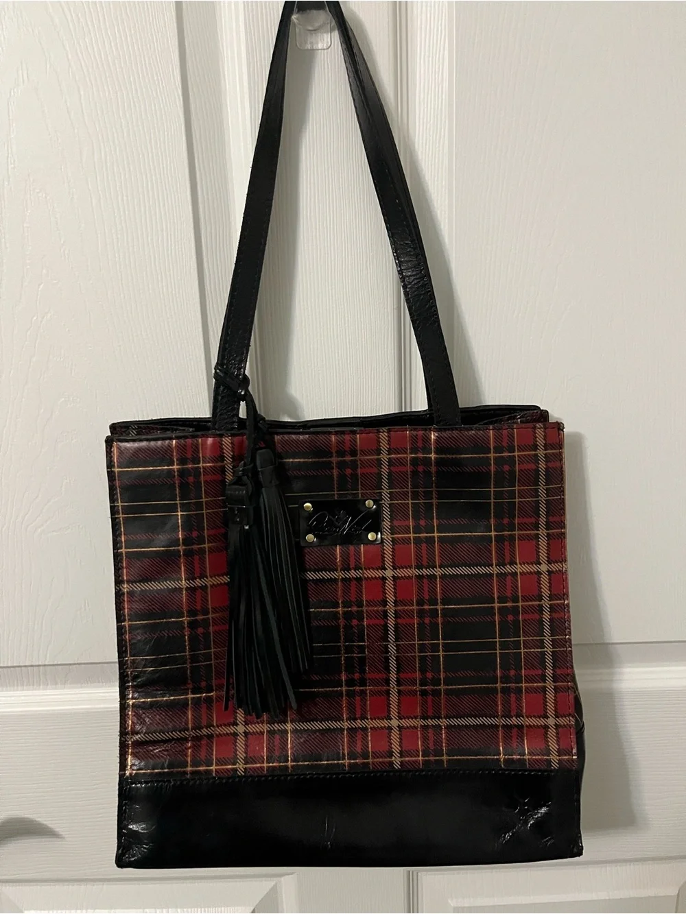 Plaid Patricia Nash Tote Bag with Tassel - Black & Red
